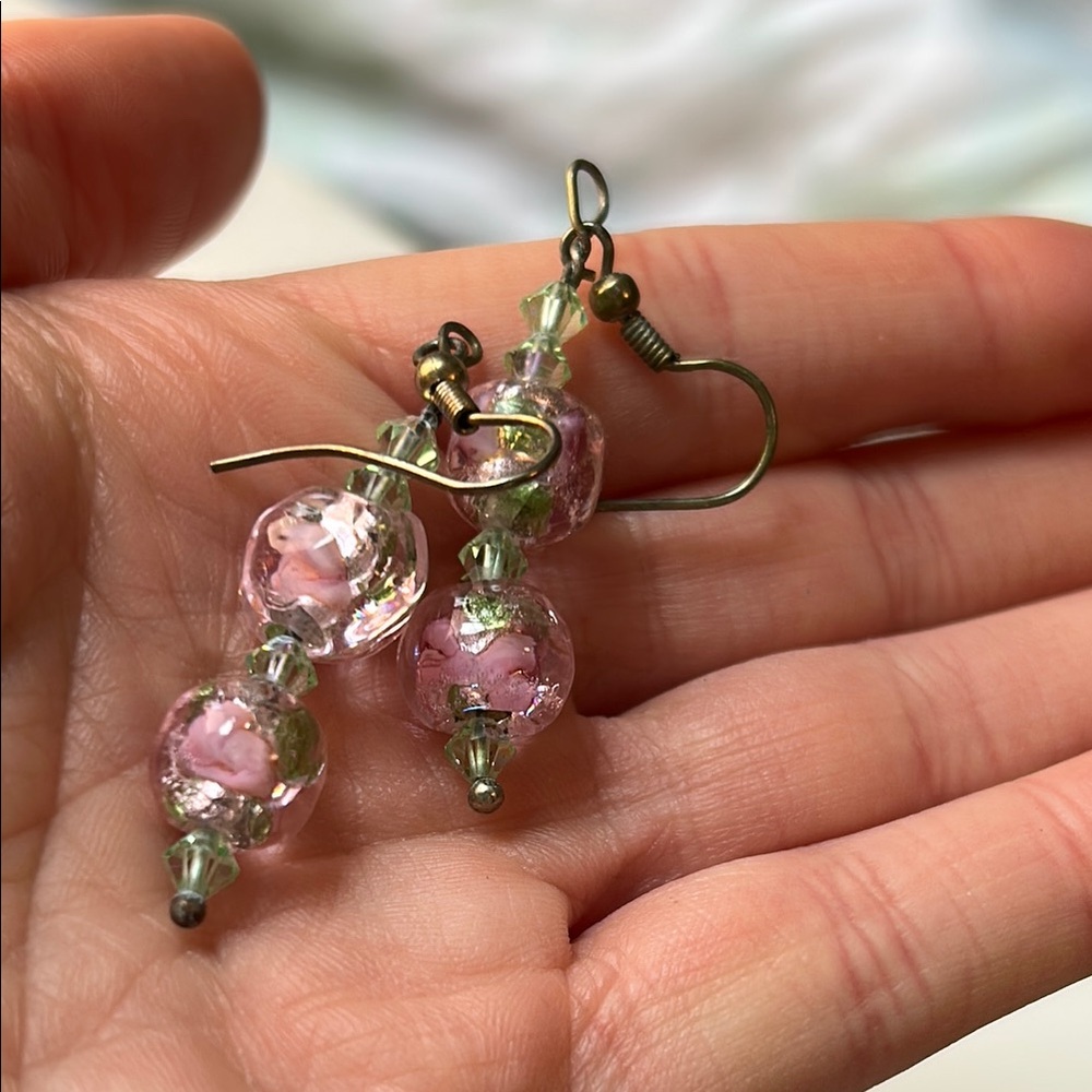 Elegant Pink and Green Glass Bead Earrings